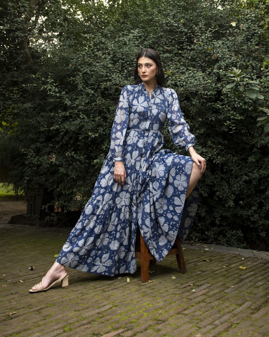Blue floral maxi dress garden lookbook shoot by sandeep vishwakarma