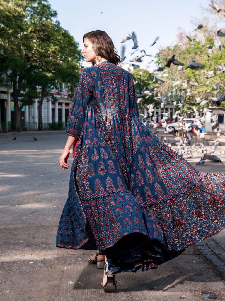 Blue printed flowing dress urban street fashion campaign shoot by sandeep vishwakarma