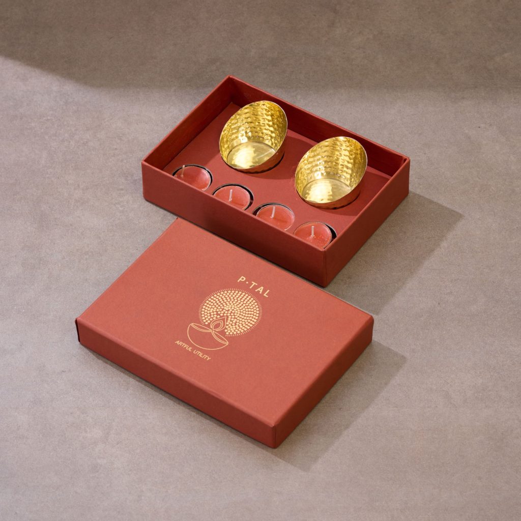 Brass diya tealight gift set in red box with candles and gold bowls