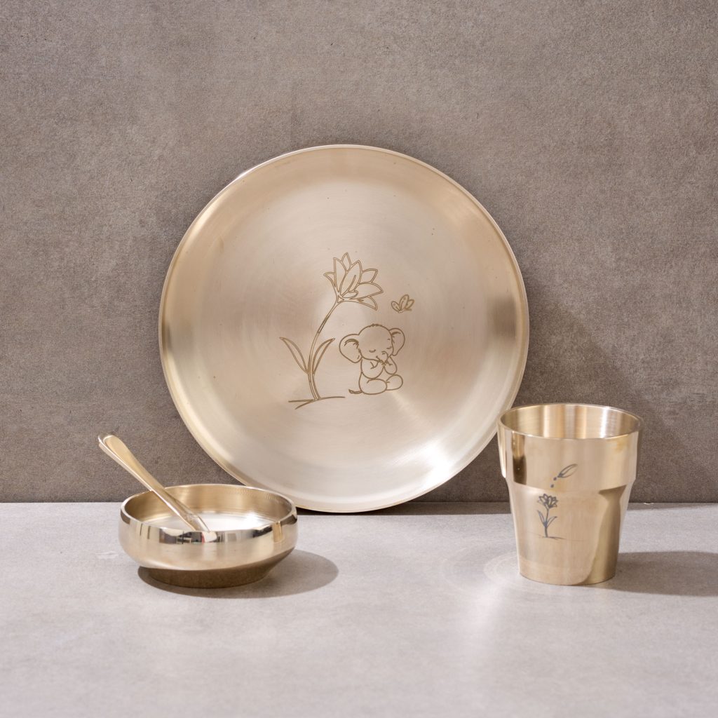 Brass kids dinnerware set with engraved plate, bowl, spoon and cup