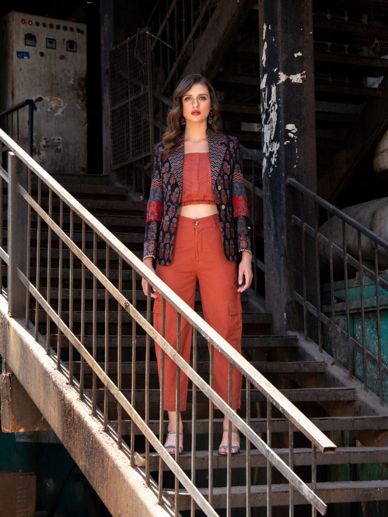 Embroidered jacket shoot on industrial staircase by sandeep vishwakarma