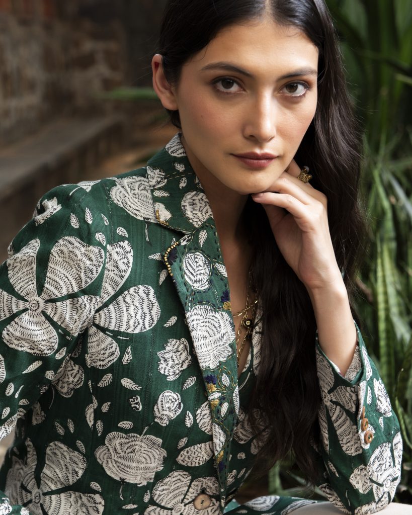 Green floral jacket fashion and beauty portrait shoot by sandeep vishwakarma
