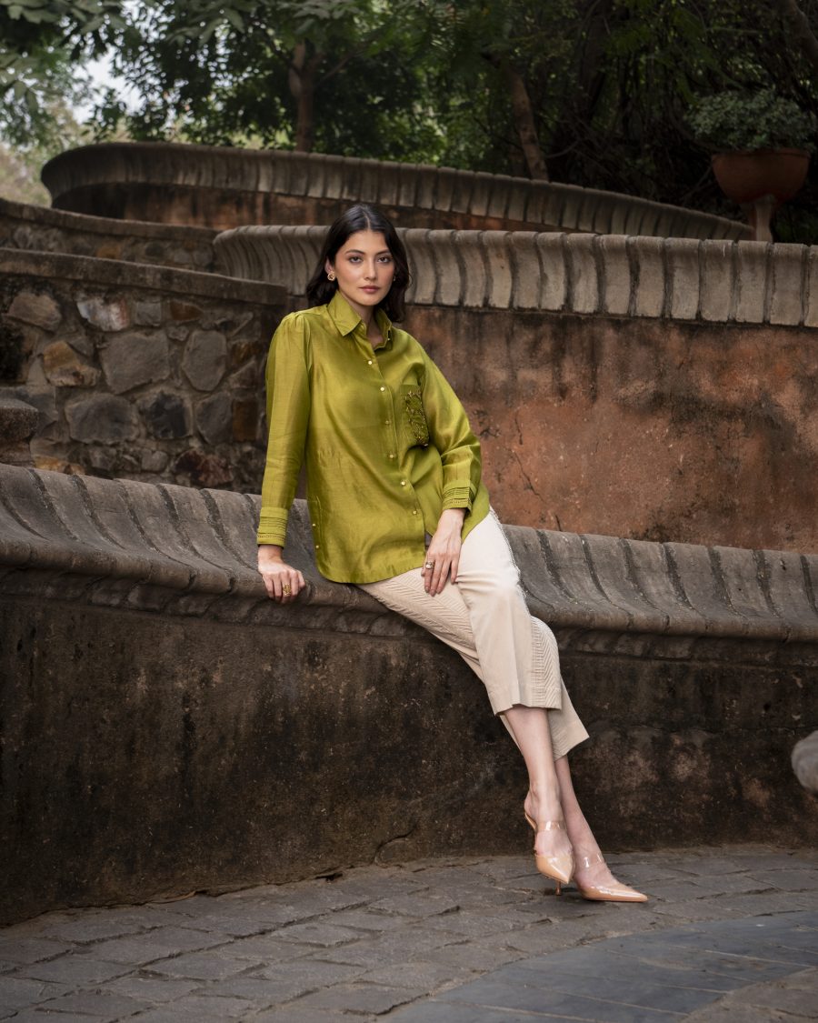 Olive green shirt and beige trouser fashion portrait shoot by sandeep vishwakarma