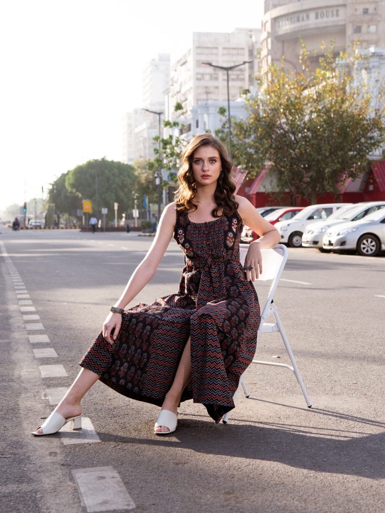 Patterned maxi dress shoot at city street By Sandeep Vishwakarma