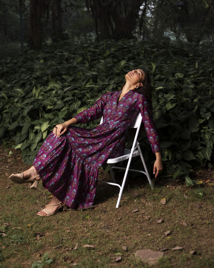Purple floral maxi dress at garden fashion campaign shoot by sandeep vishwakarma